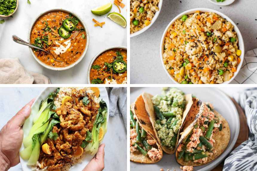 four tasty High-Protein Vegan Meals like soup, tacos, orange chicken and stir fried rice
