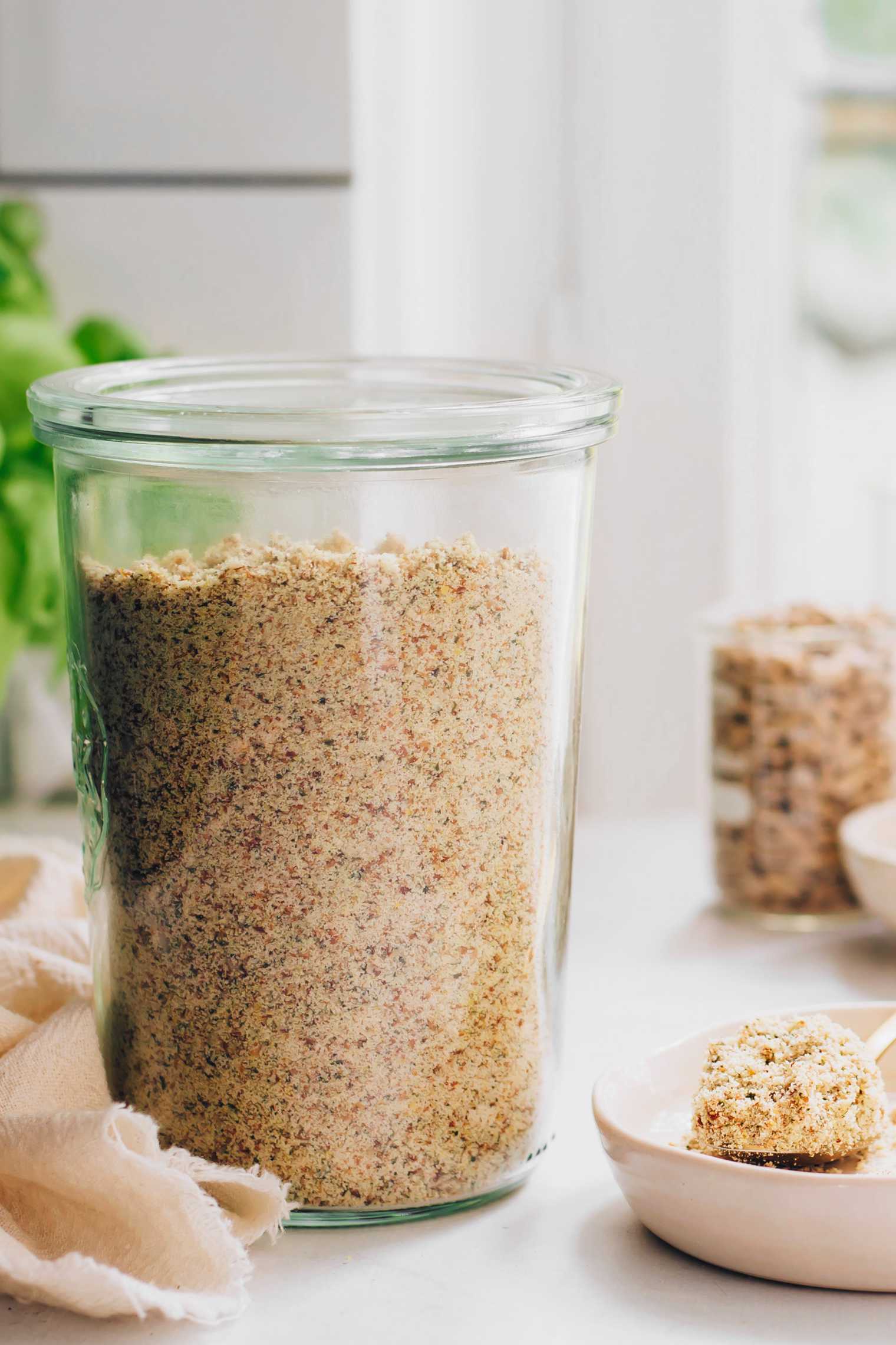 vegan DIY protein blend in glass jar on a table