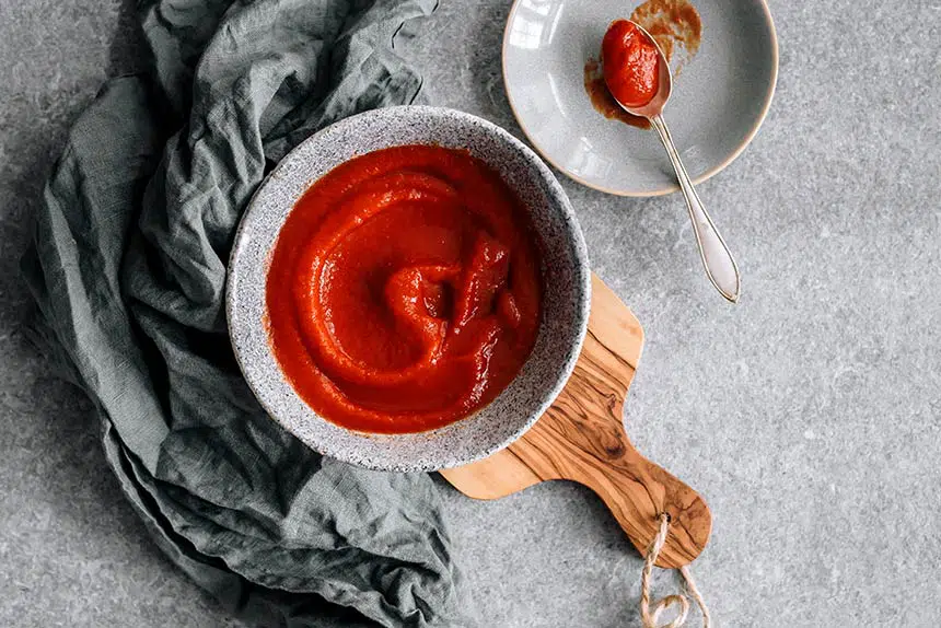 Top view of homemade vegan ketchup in small grey bowl