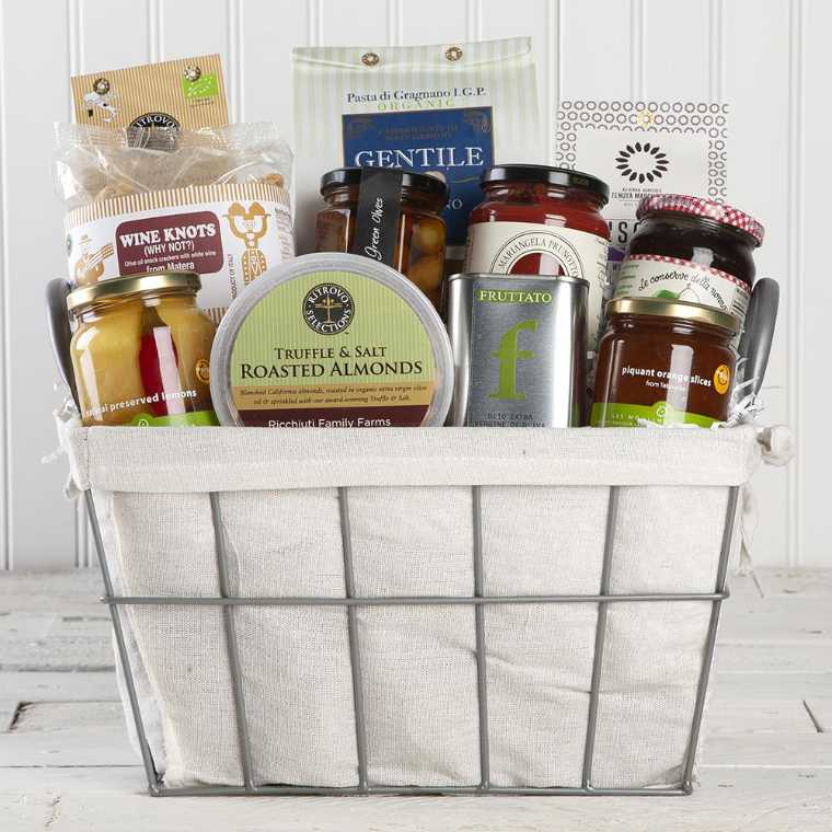 vegan gift basket with roaszed almonds, preserved lemons, wine knots, pasta, sauce and more foods