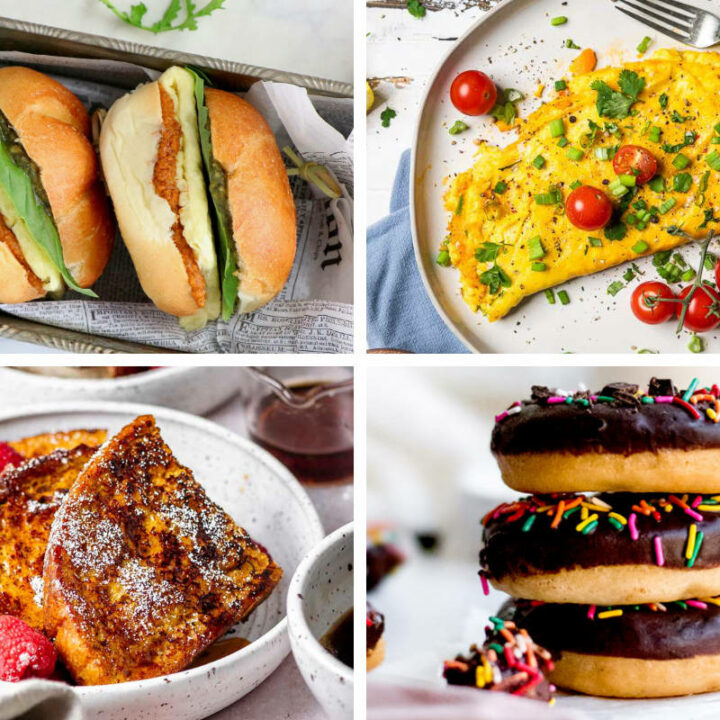 collage of Just Egg Recipes like sandwich, donuts, French toast, and vegan omelet
