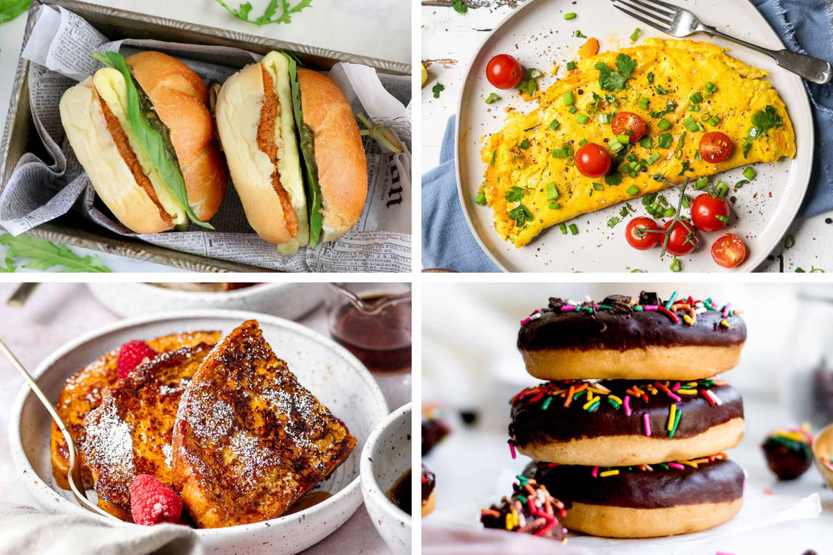 collage of Just Egg Recipes like sandwich, donuts, French toast, and vegan omelet