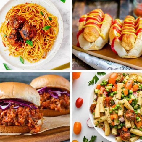 collage of four kid-friendly vegan recipes from spaghetti to carrot dogs, pasta salad and sloppy joes