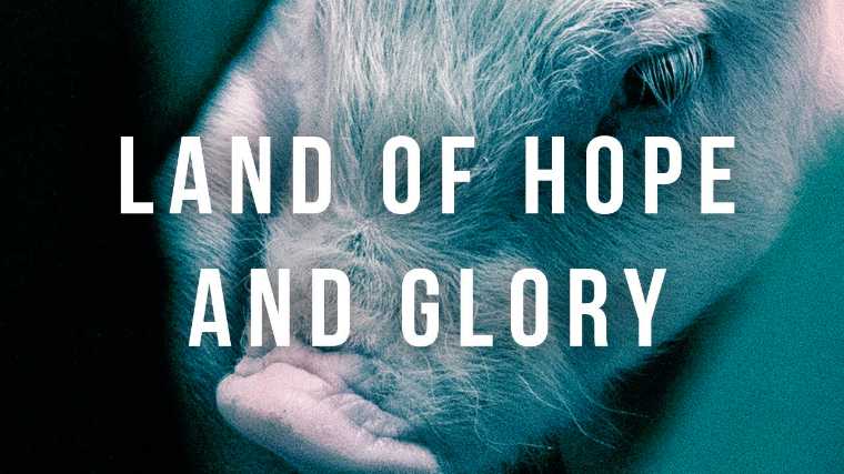 Close-up image of pig with large font Land of Hope and Glory