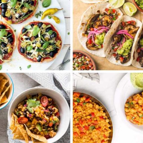 collage of four lazy vegan recipes from pita pizza and mushroom tacos to chickpea scramble and pasta salad