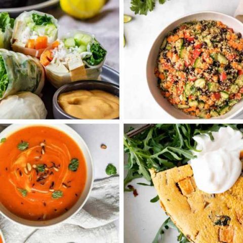 collage of 4 light vegan dinner ideas from frittata to red pepper soup, spring rolls and quinoa salad