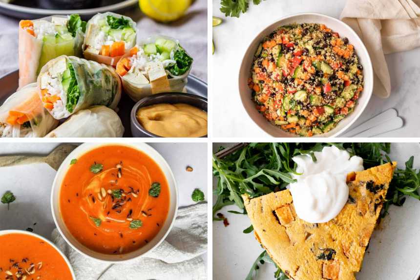 collage of 4 light vegan dinner ideas from frittata to red pepper soup, spring rolls and quinoa salad