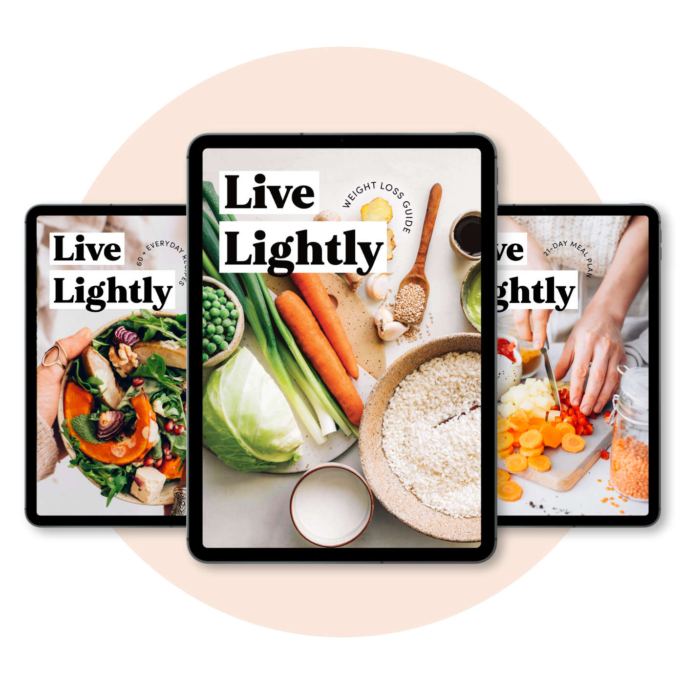 Three eBooks of Live Lightly showcased as iPads on a circle