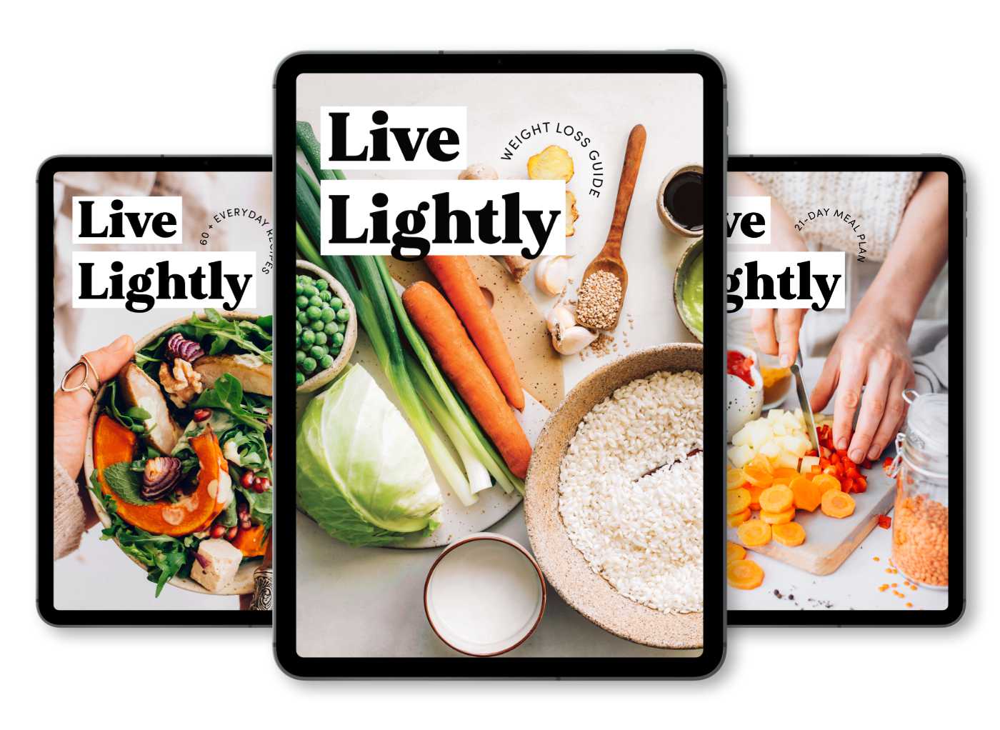 Three iPads displaying Nutriciously's Live Lightly eBook Bundle