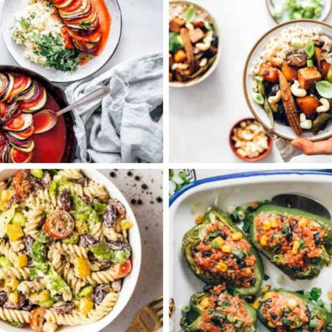 collage of 4 easy low-calorie vegan recipes like veggie stir fry, pasta salat, ratatouille and stuffed peppers