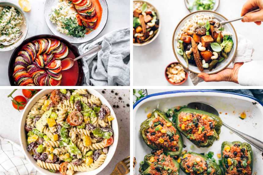 collage of 4 easy low-calorie vegan recipes like veggie stir fry, pasta salat, ratatouille and stuffed peppers