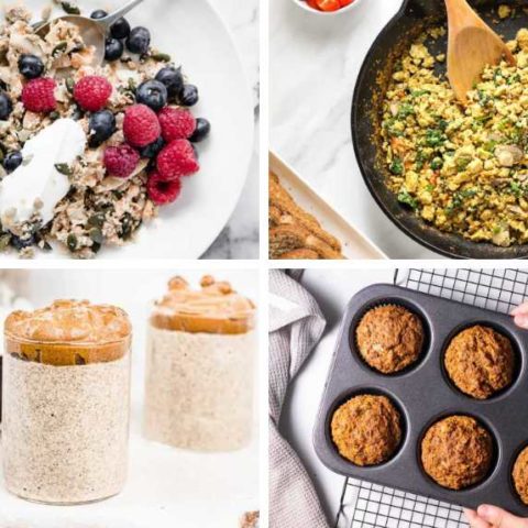 collage of 4 low-carb vegan breakfast recipes like chia pudding, muffins, tofu scramble and oat-free granola