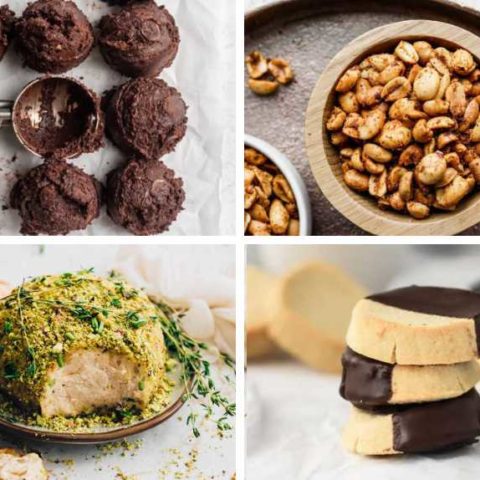 four low-carb vegan snacks like almond cheese, coconut cookies, edible brownie batter and roasted peanuts