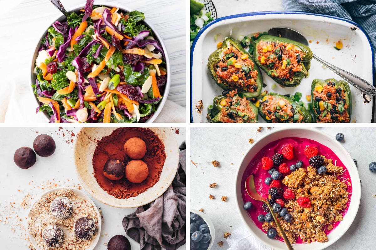 4 Low-Sodium Recipes such as stuffed peppers, kale salad, granola bowl and energy balls