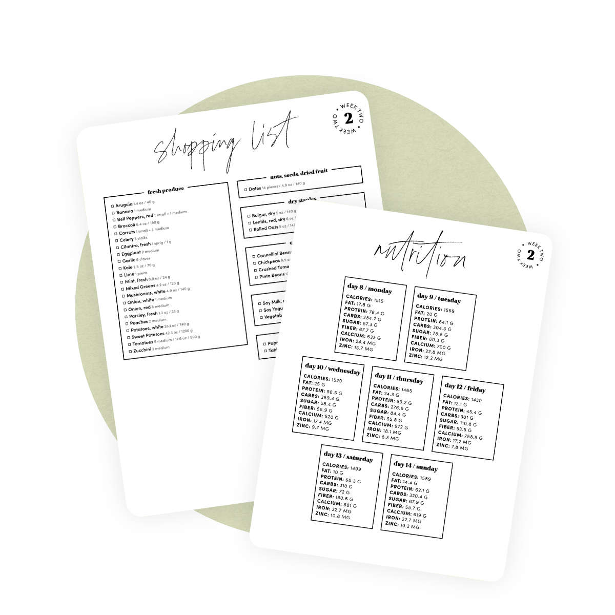 Meal Plan Grocery List and Nutrition Sample Sheets