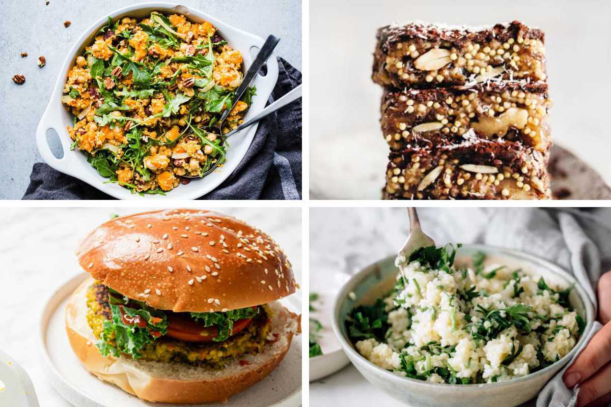 collage of vegan millet recipes including sides, burgers and snack bars