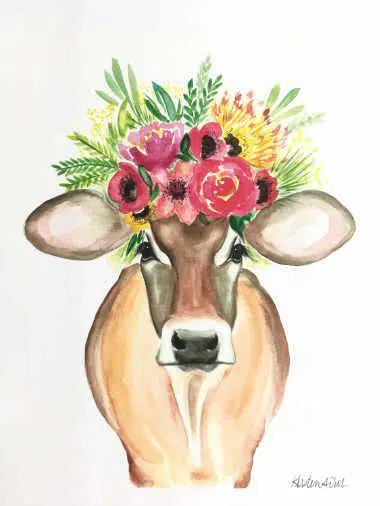 watercolor picture of a brown cow wearing some flowers on her head