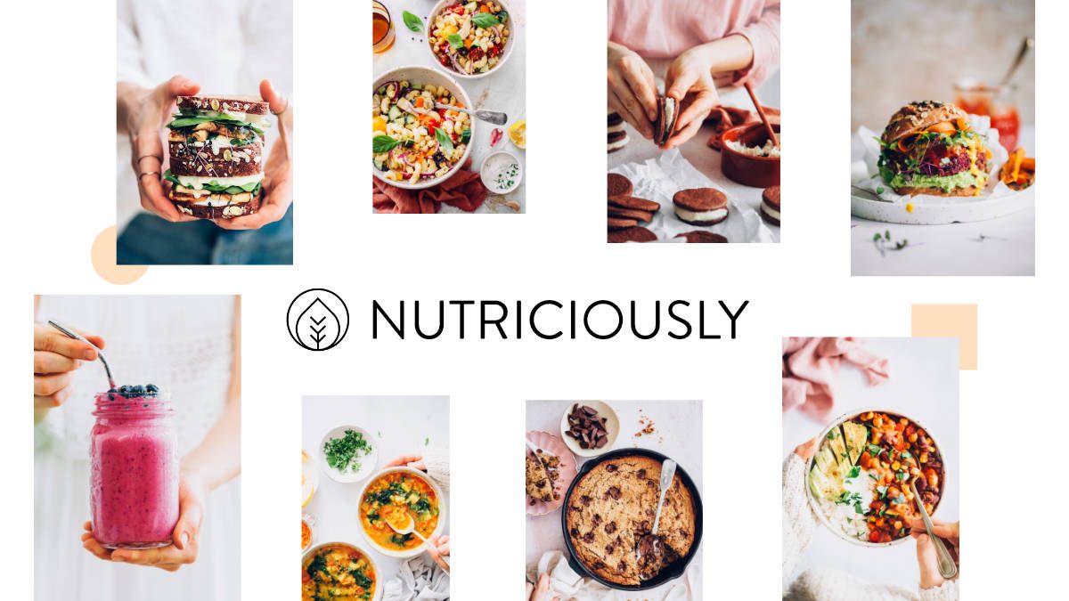 collage of eight vegan food images including chili, sandwiches, pasta, smoothies, soup and burger with the text nutriciously plus log