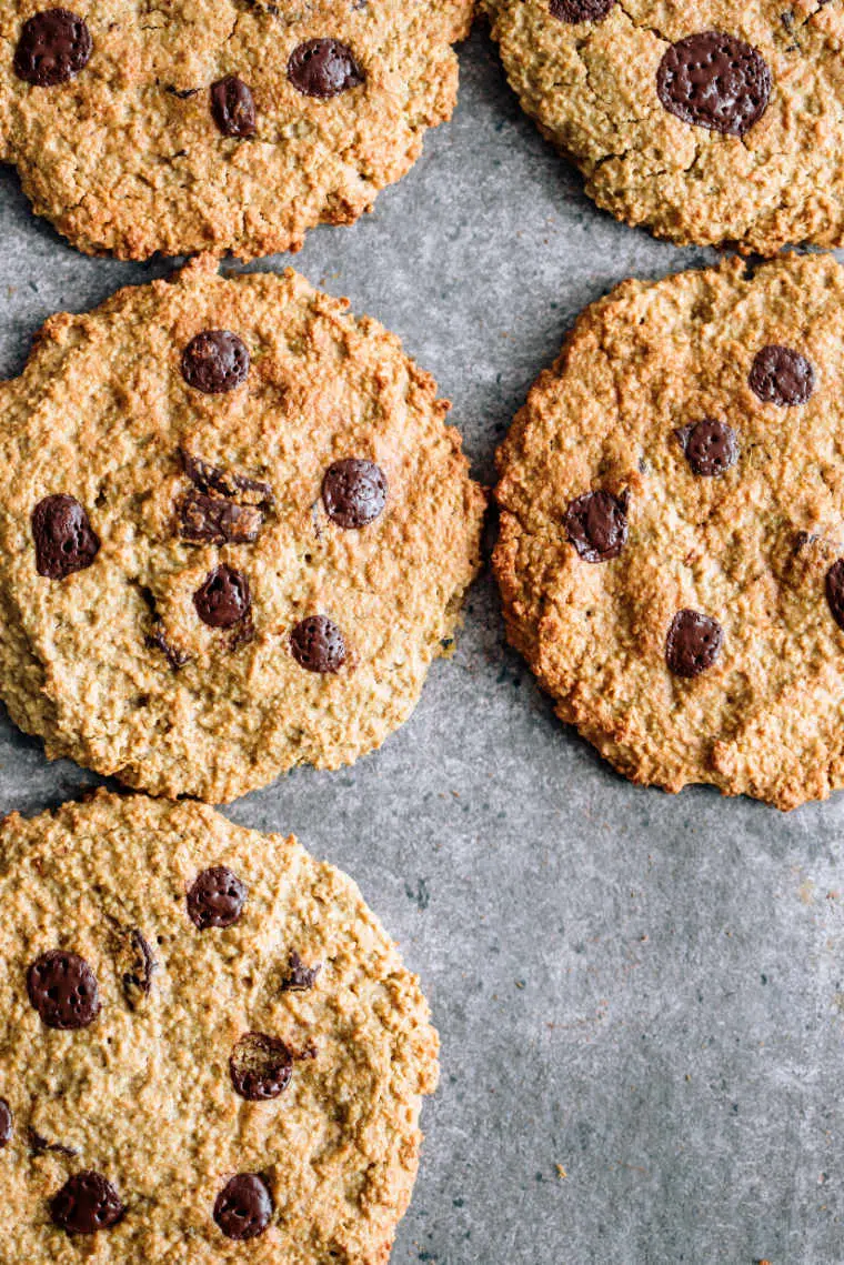 five gluten-free vegan oatmeal cookies with chocolate chips on grey surface