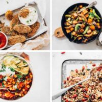 collage of 4 oil-free vegan recipes from chili to granola, stir fry and veggie croquettes