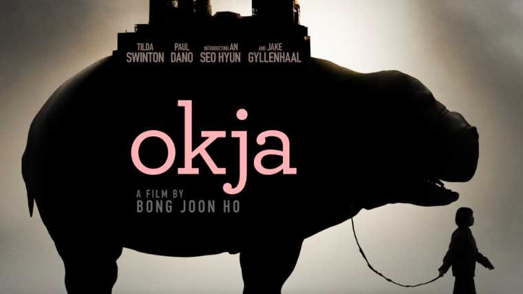 Silhouette of a young girl holding a giant pig on a leash and text Okja