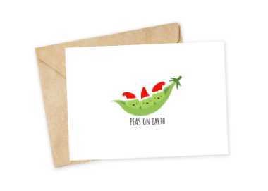 cute vegan friendly Christmas card saying "peas on earth"