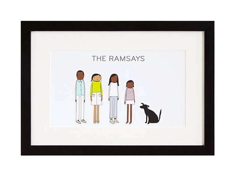 black frame with a white personalized family print of four people and a dog