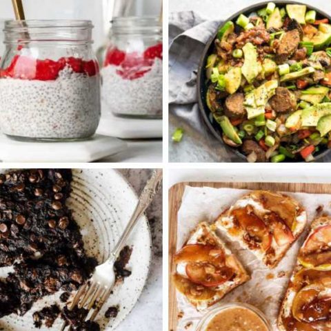 collage of 4 easy plant-based breakfast ideas from baked oatmeal to apple toasts, chia pudding and savory breakfast skillet