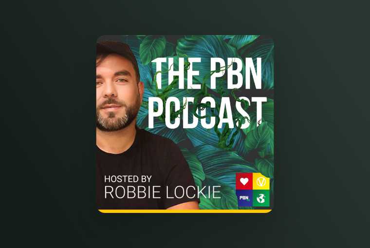 plant-based news podcast image on dark green background