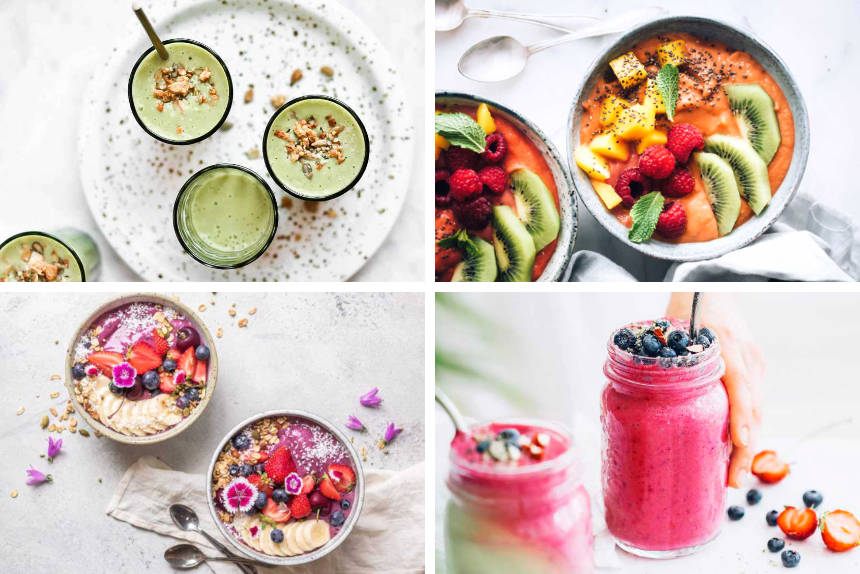collage of four different plant-based superfood smoothies in pink, green and orange with lots of toppings