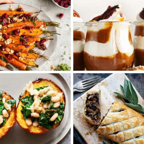 collage of four plant-based Thanksgiving recipes for dinner including vegan wellington, roasted carrots, stuffed squash and pumpkin parfaits