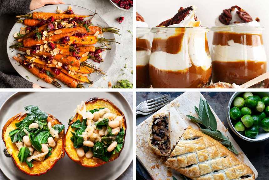 collage of four vegan Thanksgiving recipes for dinner including vegan wellington, roasted carrots, stuffed squash and pumpkin parfaits