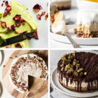 collage of four raw cakes from lime to cheesecake, snickers and cinnamon roll