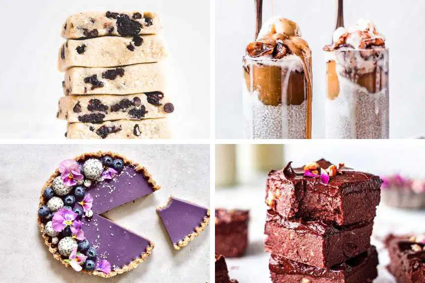 collage of four different raw vegan and no bake recipes like chia pudding, cookie dough bars, brownies and raw cake