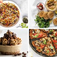 four raw vegan recipes from pizza to coleslaw, crab cakes and cupcakes