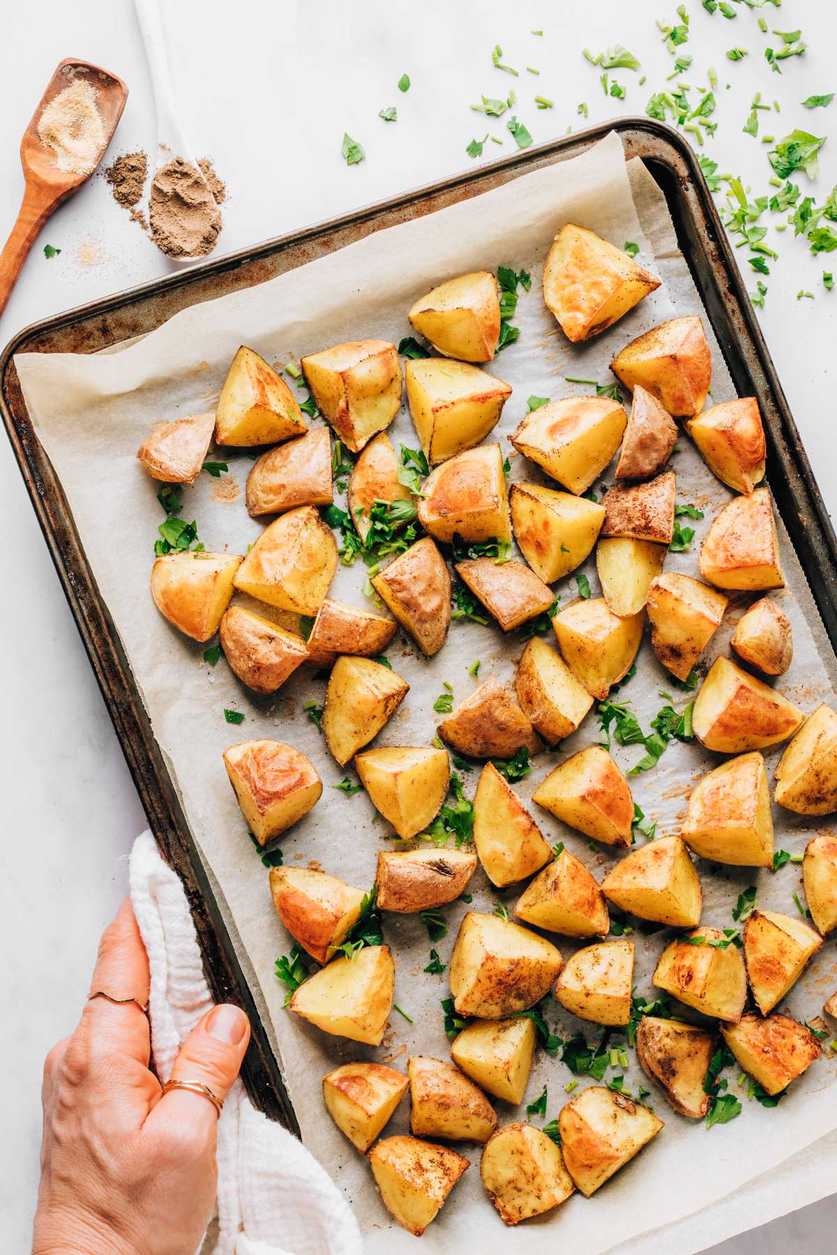 Oil-free Roasted Potatoes on tray