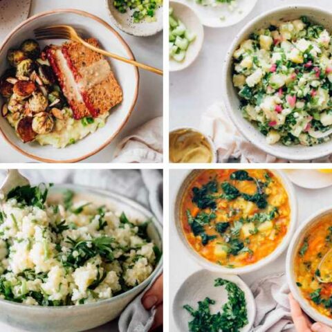 collage of four vegan sides to serve with sauerkraut including potato salad, millet, lentil soup and meatloaf