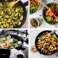 collage of four recipes for sautéed vegetables from zucchini to mushroom leek and Thai stir fry