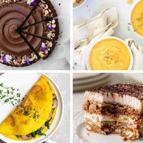 collage of four Silken Tofu Recipes from tiramisu to chocolate cake, soup and vegan omelet