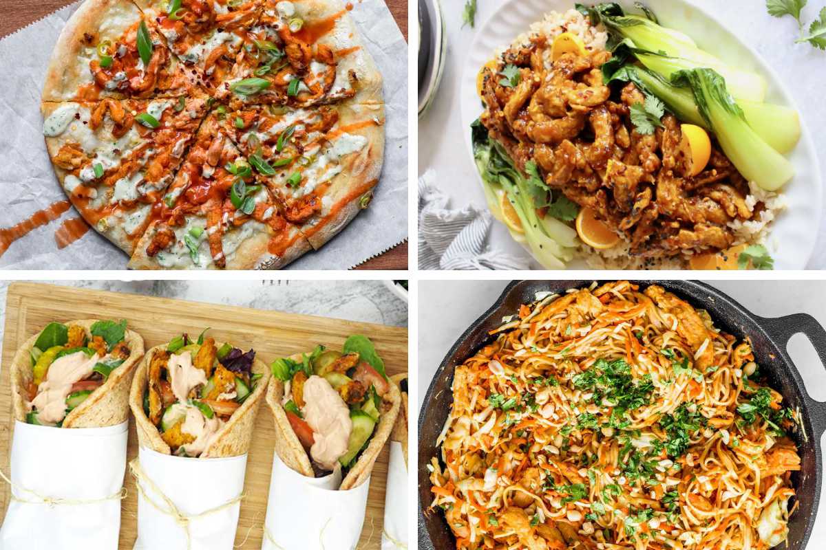 several Soy Curls Recipes from pizza to wraps and noodles