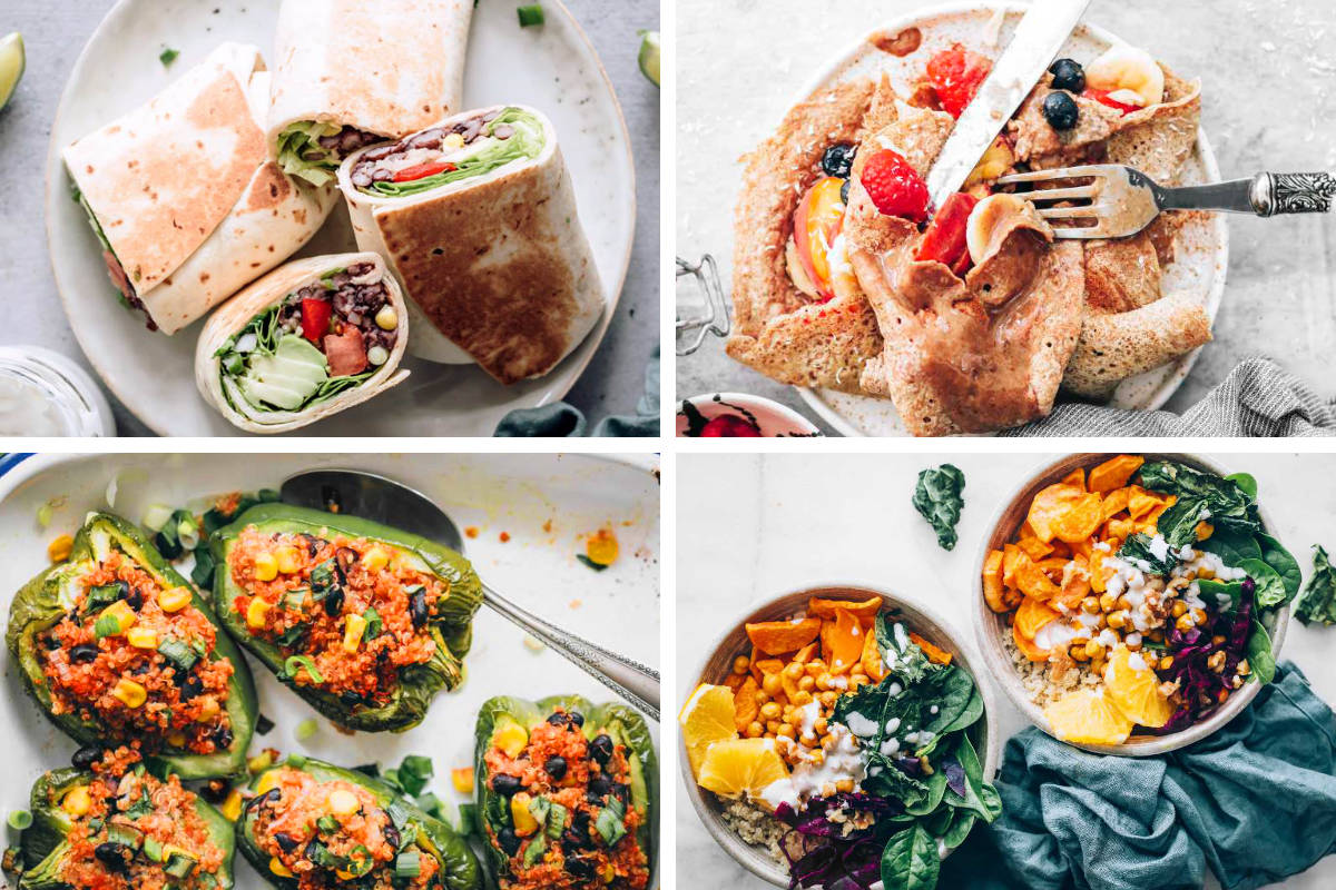 four Soy Free Vegan Recipes like pancakes, stuffed veggies, bowls, and burritos