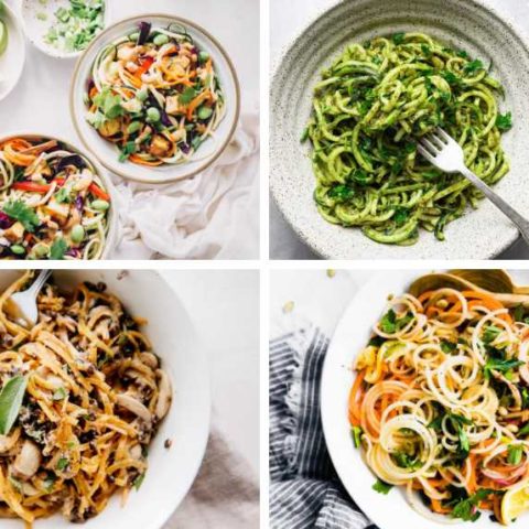 four vegan spiralizer recipes with veggies from zucchini with pesto, raw pad thai, butternut squash with mushrooms and carrot salad