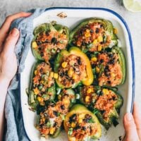 large baking dish with easy plant-based stuffed peppers