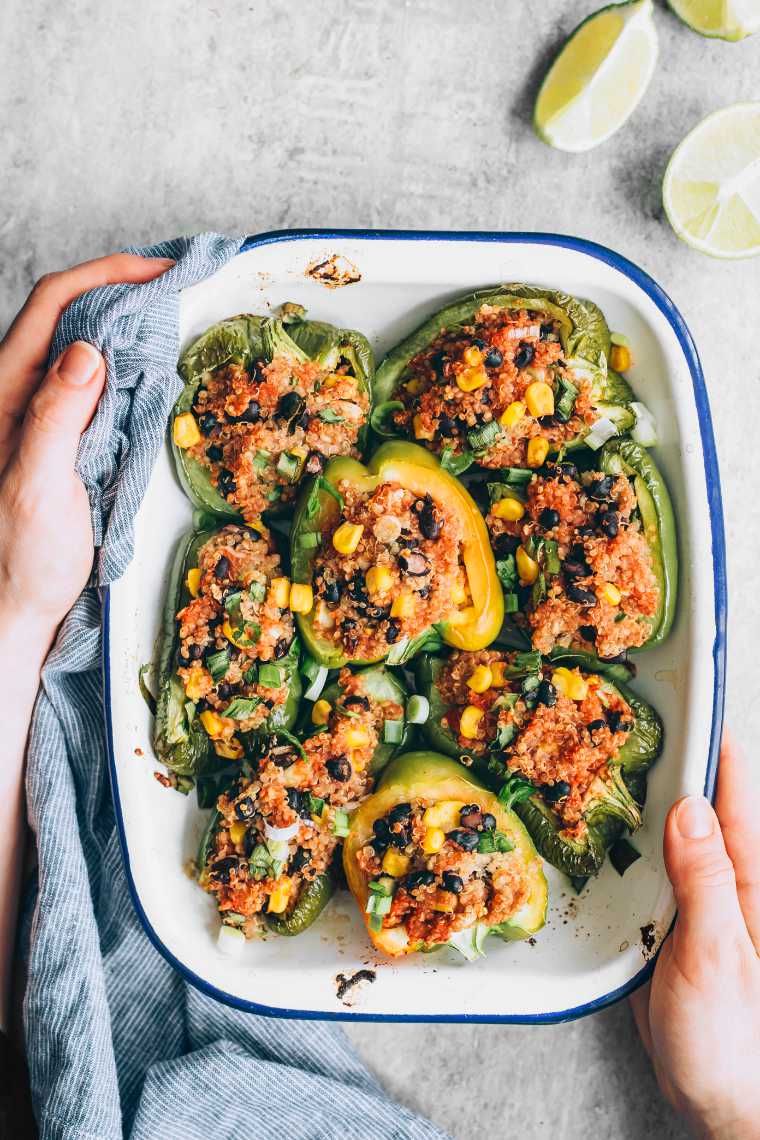 large baking dish with easy plant-based stuffed peppers
