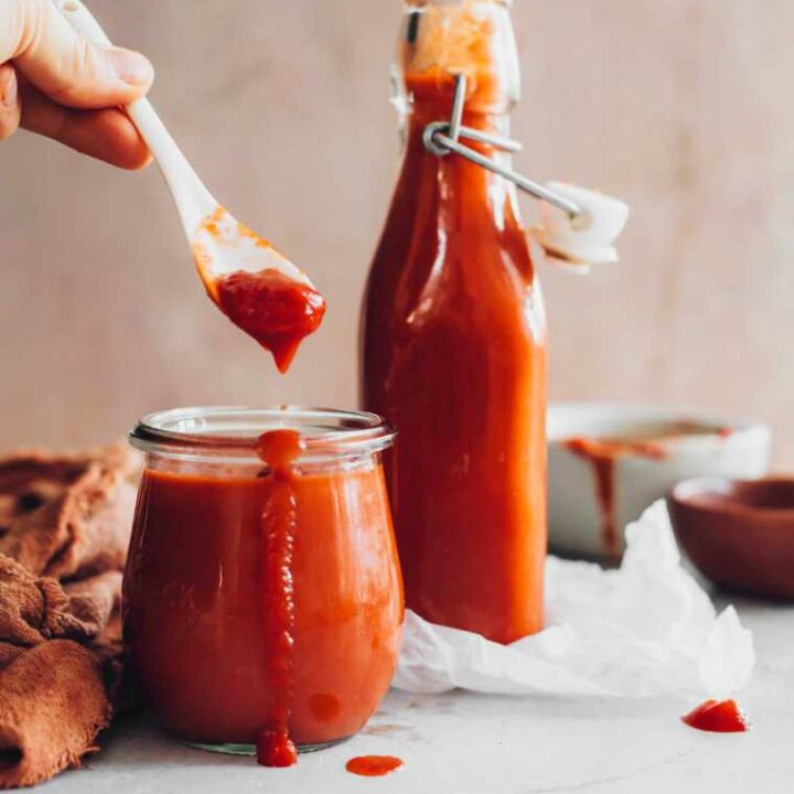 two glasses of homemade sugar-free ketchup on a table