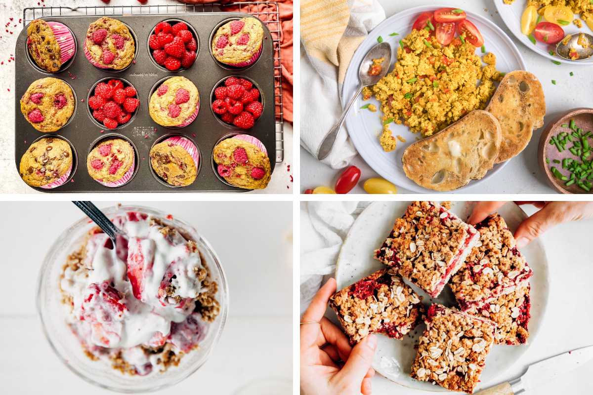 collage of summer breakfast ideas from raspberry muffins and bars to overnight oats and tofu scramble