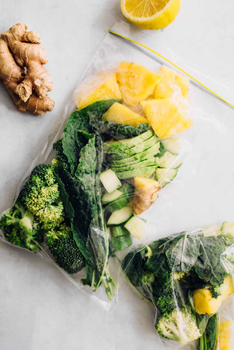 freezer packs with pineapple, ginger, cucumber, broccoli and kale for smoothies