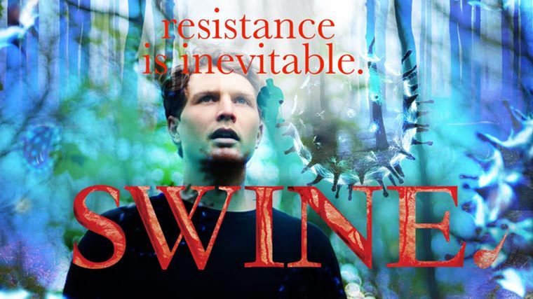 Swine film image depicting close-ups of bacteria as well as Tim Shieff and the text Swine: Resistance Is Inevitable