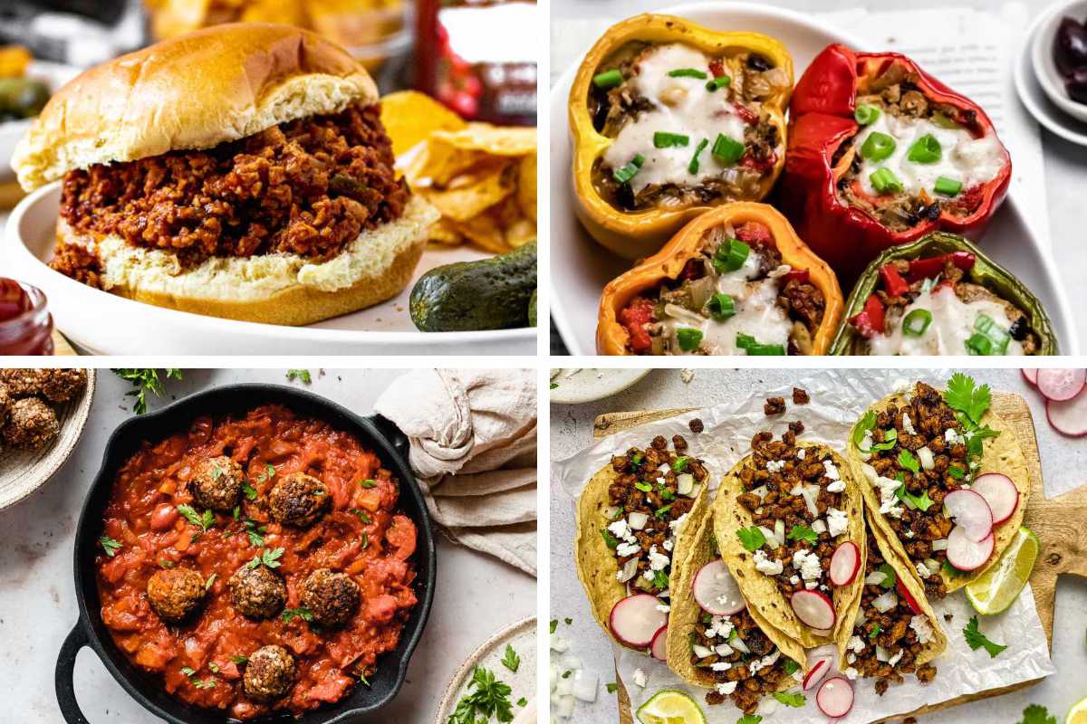 different TVP Recipes like meatballs, tacos, stuffed peppers and burger