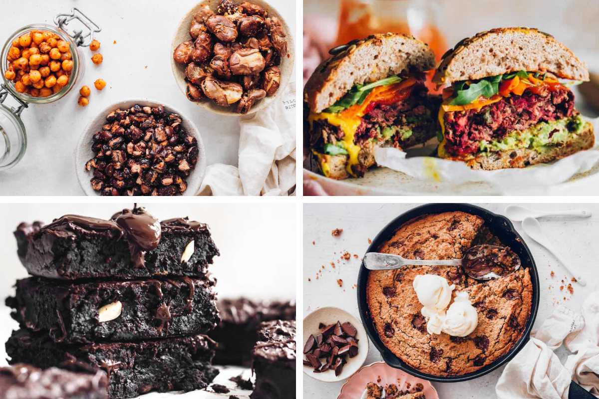 collage of Bean Recipes from burgers to brownies, roasted beans and cookie